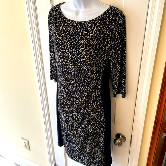 Ralph Lauren Print Runched Sheath Dress 12 P Navy Blue Leopard Classic Preppy - Picture 1 of 17